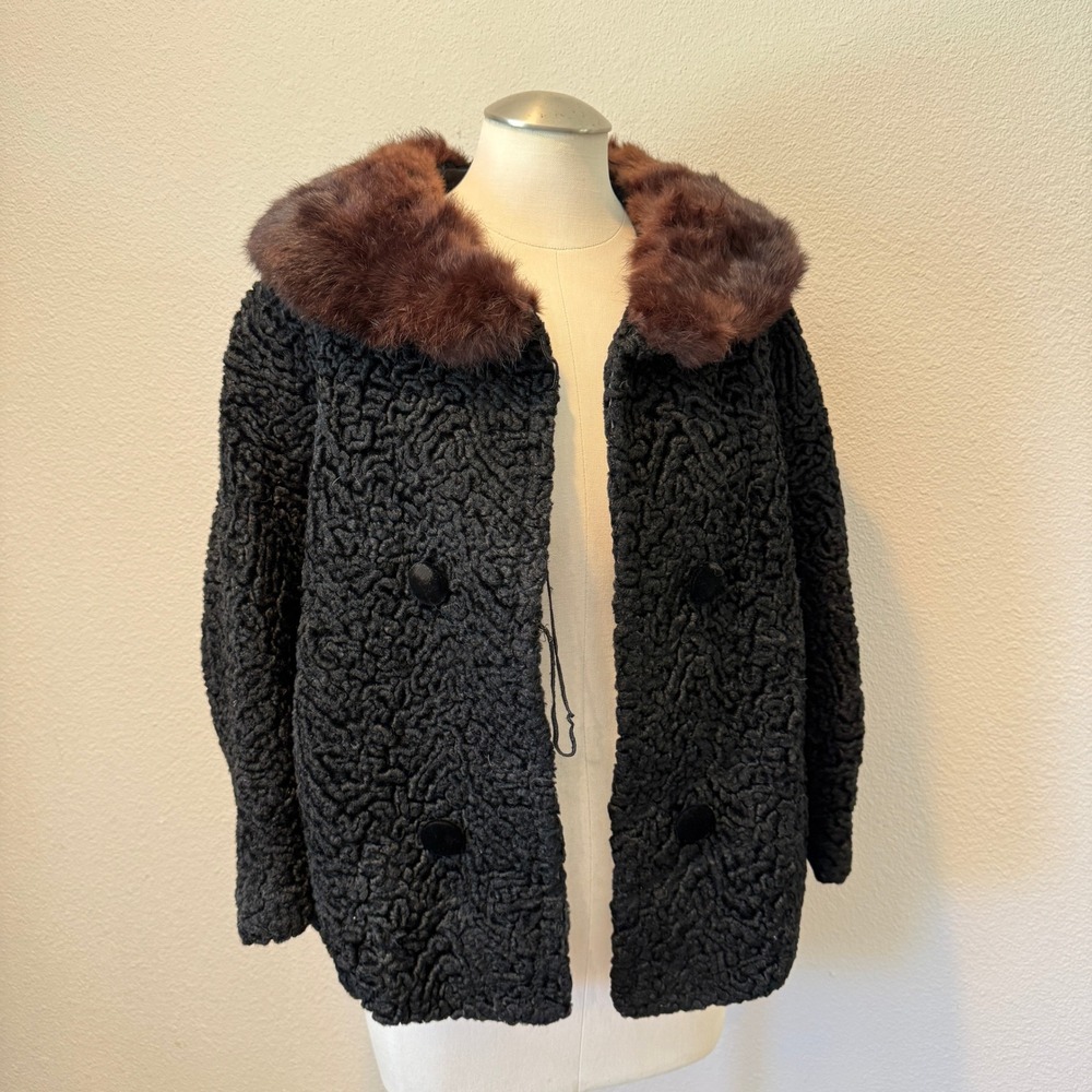 Vintage Faux Persian Lamb Fur Jacket Black Brown Faux Fur Collar Double Breasted
